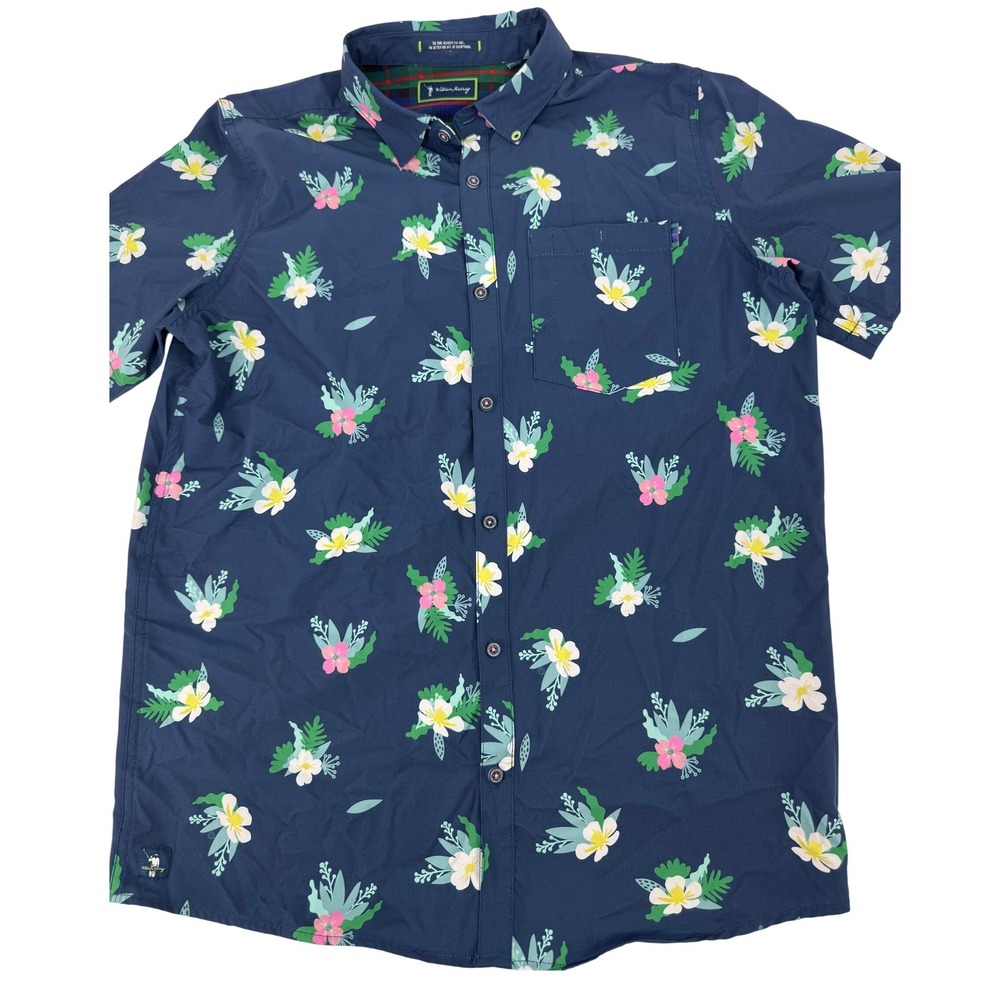 William Murray Golf Shirt Short Sleeve Button Up Blue Floral Print Size Medium